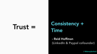 Consistency +
Time
Trust =
// @dannydenhard
- Reid Hoffman
(LinkedIn & Paypal cofounder)
 