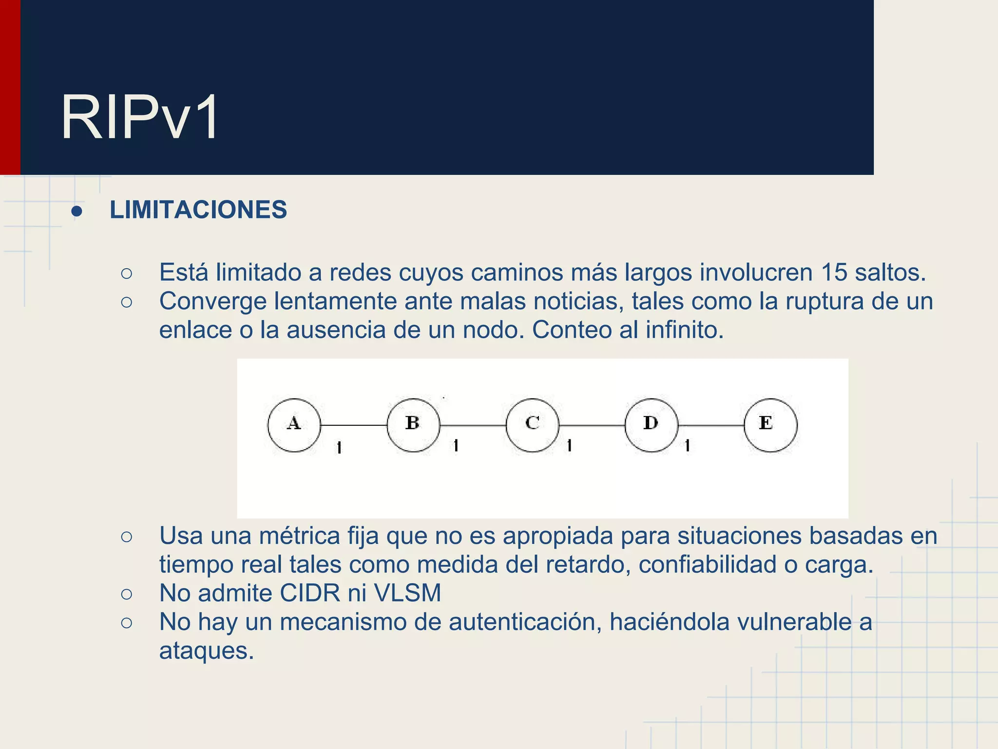RIPv1
●

LIMITACIONES
○
○

Está limitado a redes cuyos caminos más largos involucren 15 saltos.
Converge lentamente ante malas noticias, tales como la ruptura de un
enlace o la ausencia de un nodo. Conteo al infinito.

○

Usa una métrica fija que no es apropiada para situaciones basadas en
tiempo real tales como medida del retardo, confiabilidad o carga.
No admite CIDR ni VLSM
No hay un mecanismo de autenticación, haciéndola vulnerable a
ataques.

○
○

 