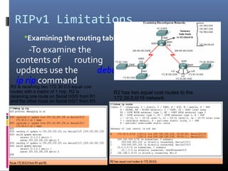 RIPv1 Limitations
Examining the routing tables
-To examine the
contents of routing
updates use the debug
ip rip command
R2 is receiving two 172.30.0.0 equal cost
routes with a metric of 1 hop. R2 is
receiving one route on Serial 0/0/0 from R1
and the other route on Serial 0/0/1 from R3.
R2 has two equal cost routes to the
172.30.0.0/16 network.
 