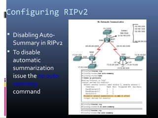 Configuring RIPv2
 Disabling Auto-
Summary in RIPv2
 To disable
automatic
summarization
issue the no auto-
summary
command
 