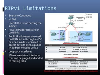 RIPv1 Limitations
 Scenario Continued
 VLSM
-Recall this is sub netting the
subnet
 Private IP addresses are on
LAN links
 Public IP addresses are used
onWAN links (through an ISP,
or when inside users need to
access outside sites, a public
IP address must be used.)
 Loopback interfaces
-These are virtual interfaces
that can be pinged and added
to routing table
Cisco has set these addresses aside for educational purposes.
 