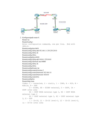 2. Konfigurasipada router 0.
Router>en
Router#config t
Enter configuration commands, one per line. End with
CNTL/Z.
Router(config)#int fa0/0
Router(config-if)#ip add 192.168.1.1 255.255.255.0
Router(config-if)#no sh
Router(config-if)#ex
Router(config)#int s0/0/0
Router(config-if)#ip add 10.0.0.1 255.0.0.0
Router(config-if)#clock rate 64000
Router(config-if)#no sh
Router(config-if)#ex
Router(config)#router rip
Router(config-router)#version 2
Router(config-router)#network 192.168.1.0
Router(config-router)#network 10.0.0.0
Router(config-router)#ex
Router(config)#ex
Router#ship route
Codes: C - connected, S - static, I - IGRP, R - RIP, M mobile, B - BGP
D - EIGRP, EX - EIGRP external, O - OSPF, IA OSPF inter area
N1 - OSPF NSSA external type 1, N2 - OSPF NSSA
external type 2
E1 - OSPF external type 1, E2 - OSPF external type
2, E - EGP
i - IS-IS, L1 - IS-IS level-1, L2 - IS-IS level-2,
ia - IS-IS inter area

 