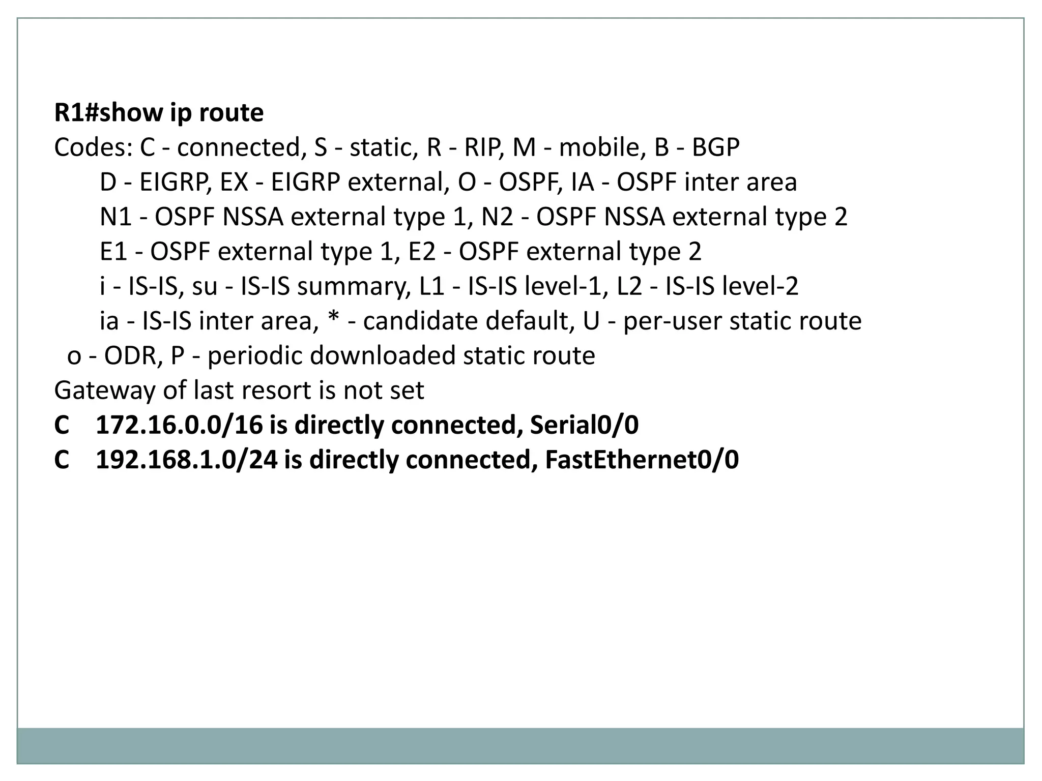 R1#show ip route
Codes: C - connected, S - static, R - RIP, M - mobile, B - BGP
    D - EIGRP, EX - EIGRP external, O - OSPF, IA - OSPF inter area
    N1 - OSPF NSSA external type 1, N2 - OSPF NSSA external type 2
    E1 - OSPF external type 1, E2 - OSPF external type 2
    i - IS-IS, su - IS-IS summary, L1 - IS-IS level-1, L2 - IS-IS level-2
    ia - IS-IS inter area, * - candidate default, U - per-user static route
 o - ODR, P - periodic downloaded static route
Gateway of last resort is not set
C 172.16.0.0/16 is directly connected, Serial0/0
C 192.168.1.0/24 is directly connected, FastEthernet0/0
 