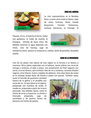 ZONA DEL ANDINA

AJIACO

La más representativa es la Bandeja
Paisa y como otros están el Ajiaco, sopa
de arroz, Cuchuco, Mute, Cocido
boyacense,
Tamales
Tolimenses,
Lechona tolimense, la Fritanga. El

NATILLA

Piquete, el Cui, el Cabrito al horno, Callos
con garbanzo, el Caldo de costilla, la
Changua, elViudo de boca chico. De
NATILLA
bebidas tenemos el agua depanela con
limón, vino de naranja, jugo de
mandarina como postres la mazamorra, natillas, dulce de grosellas, bocadillo
veleño
ZONA DE LA ORINOQUIA
Uno de los platos más típicos de esta región es la ternera a la llanera o
mamona, Otros platos especiales son la hallacas, tamal relleno con carne de
tortuga y verduras; el palo a pique, una preparación de frijol veguero con
carne; el arroz llanero, que contiene rabo de res y verduras; caraotas (frijoles
negros), arroz blanco, huevo y tajadas de plátanos. Una clase típica de arepa
es la cachapa (arepa dulce de choclo o jojoto con queso). También sopas
como el hervido de guamarra variedad
llanera de la gallina y el picadillo con
carne de res. Un pez típico es el coporo,
preparado con manteca de cerdo. El
casabe es, preparada a partir de la yuca
prensada. Hay bebidas típicas como la
chicha de arroz y el guarroz. La chicha o
limonada
preparada,
jugo
de
carambolo y de postres tienen los
bananos con melao de panela.
LA LLANERA

 