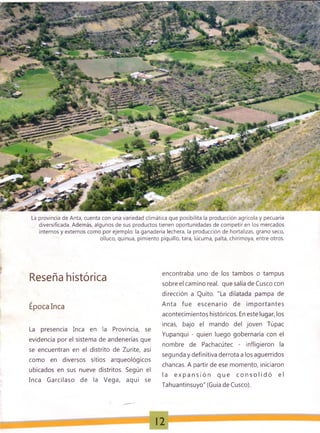 La provincia de Anta, cuenta con una variedad climática que posibilita la producción agrícola y pecuaria
diversificada. Además, algunos de sus productos tienen oportunidades de competir en los mercados
internos y externos como por ejemplo: la ganadería lechera, la producción de hortalizas, grano seco,
olluco, quinua, pimiento piquillo, tara, lúcuma, palta, chirimoya, entre otros.
Reseña histórica
Época Inca
La presencia Inca en la Provincia, se
evidencia por el sistema de andenerías que
se encuentran en el distrito de Zurite, así
como en diversos sitios arqueológicos
ubicados en sus nueve distritos. Según el
Inca Garcilaso de la Vega, aquí se
encontraba uno de los tambos o tampus
sobre el camino real, que salía de Cusco con
dirección a Quito. "La dilatada pampa de
Anta fue escenario de im portantes
acontecimientos históricos. En este lugar, los
incas, bajo el mando del joven Túpac
Yupanqui - quien luego gobernaría con el
nombre de Pachacútec - infligieron la
segunda y definitiva derrota a los aguerridos
chancas. A partir de ese momento, iniciaron
la e x p a n s ió n q u e c o n s o l i d ó el
Tahuantinsuyo" (Guía de Cusco).
12
 