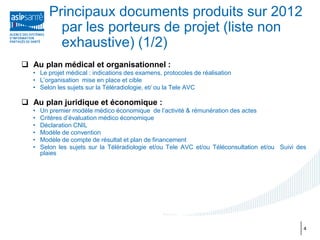 Principaux documents produits sur 2012
           par les porteurs de projet (liste non
           exhaustive) (1/2)
 Au plan médical et organisationnel :
  • Le projet médical : indications des examens, protocoles de réalisation
  • L’organisation mise en place et cible
  • Selon les sujets sur la Téléradiologie, et/ ou la Tele AVC

 Au plan juridique et économique :
  •   Un premier modèle médico économique de l’activité & rémunération des actes
  •   Critères d’évaluation médico économique
  •   Déclaration CNIL
  •   Modèle de convention
  •   Modèle de compte de résultat et plan de financement
  •   Selon les sujets sur la Téléradiologie et/ou Tele AVC et/ou Téléconsultation et/ou Suivi des
      plaies




                                                                                                 4
 