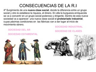 CONSECUENCIAS DE LA R.I
4º Surgimiento de una nueva clase social, donde la diferencia entre un grupo
social y otro lo establece la riqueza, el dinero. En ella la burguesía enriquecida
se va a convertir en un grupo social poderoso y dirigente. Dentro de esta nueva
sociedad va a aparecer una nueva clase social el proletariado industrial,
cuyas pésimas condiciones en las fábricas van a dar lugar al inicio de
movimiento obrero.
SOCIEDAD DEL AR
SOCIEDAD ESTAMENTAL
SOCIEDAD INDUSTRIAL
SOCIEDAD DE CLASES
 