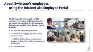 The Employee Portal serves all ≈ 19’000
employees of Swisscom in Switzerland, with
various job roles, working at ≈ 30 geog...