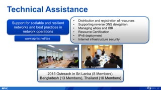 Technical Assistance
2015 Outreach in Sri Lanka (8 Members),
Bangladesh (13 Members), Thailand (10 Members)
TAS - Thailand TAS - Bangladesh
Support for scalable and resilient
networks and best practices in
network operations
• Distribution and registration of resources
• Supporting reverse DNS delegation
• Managing whois and IRR
• Resource Certification
• IPv6 deployment
• Internet infrastructure securitywww.apnic.net/tas
17
 