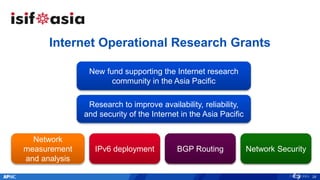 Internet Operational Research Grants
New fund supporting the Internet research
community in the Asia Pacific
Research to improve availability, reliability,
and security of the Internet in the Asia Pacific
Network
measurement
and analysis
IPv6 deployment BGP Routing Network Security
28
 