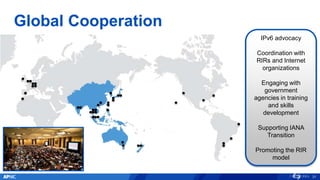 Global Cooperation
IPv6 advocacy
Coordination with
RIRs and Internet
organizations
Engaging with
government
agencies in training
and skills
development
Supporting IANA
Transition
Promoting the RIR
model
31
 