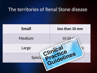 The territories of Renal Stone disease
Small less than 10 mm
Medium 10-20 mm
Large more than 20 mm
Special situations
 