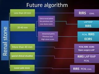 Future algorithm
Renal
stone
Less than 20 mm RIRS ESWL
20-40 mm
Extra-renal pelvis
No previous scar
Low stone score
LAP-RAP
RIRS
Intrarenal pelvis
Previous scar
High stone score
PCNL RIRS
ECIRS
special clinical situation RIRS LAP RAP
PCNL
Lower pole stone
RIRS PCNL ESWL
More than 40 mm PCNL RIRS ECIRS
Open surgery-LAP
 