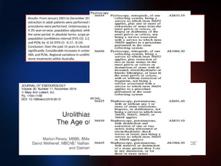 Results: From January 2001 to December 2015, 114,789 ureteroscopy or pyeloscopy procedures for stone
extraction in adult patients were performed in Australia. During the same period, 48,209 SWL and 6956 PCNL
procedures were performed. Ureteroscopy and pyeloscopy procedures have been increasing by an average of
9.3% year-on-year, population adjusted, while SWL has decreased by 3.5% and PCNL by 6.4% every year over
the same period. In absolute terms, scope procedures have increased yearly by an average of 3.9 per 100,000 of
population (confidence interval [95% CI]: 3.2, 4.5), while SWL has changed by -0.77 (95% CI: -0.88, -0.65)
and PCNL by -0.16 (95% CI: -0.17, -0.14).
Conclusion: Over the past 15 years in Australia, the total number of stone treatment procedures has increased
significantly. Considerable increases in ureteroscopy were observed with relative and absolute reductions in
SWL and PCNL. Regional variations in urolithiasis management strategies highlight the need for consensus on
stone treatments within Australia.
 
