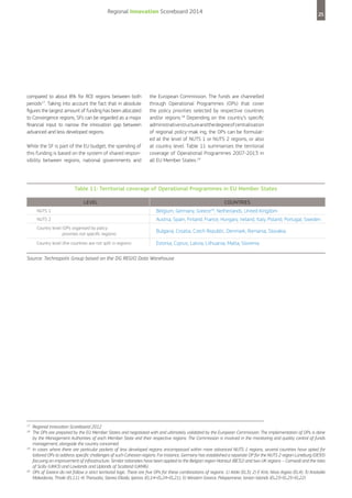 Regional Innovation Scoreboard 2014

compared to about 8% for RCE regions between both
periods17. Taking into account the fact that in absolute
figures the largest amount of funding has been allocated
to Convergence regions, SFs can be regarded as a major
financial input to narrow the innovation gap between
advanced and less developed regions.
While the SF is part of the EU budget, the spending of
this funding is based on the system of shared responsibility between regions, national governments and

25

the European Commission. The funds are channelled
through Operational Programmes (OPs) that cover
the policy priorities selected by respective countries
and/or regions.18 Depending on the country’s specific
administrative structure and the degree of centralisation
of regional policy-mak ing, the OPs can be formulated at the level of NUTS 1 or NUTS 2 regions, or also
at country level. Table 11 summarises the territorial
coverage of Operational Programmes 2007-2013 in
all EU Member States.19

Table 11: Territorial coverage of Operational Programmes in EU Member States
LEVEL

COUNTRIES

NUTS 1

Belgium, Germany, Greece20, Netherlands, United Kingdom

NUTS 2

Austria, Spain, Finland, France, Hungary, Ireland, Italy, Poland, Portugal, Sweden

Country level (OPs organised by policy
priorities not specific regions)

Bulgaria, Croatia, Czech Republic, Denmark, Romania, Slovakia

Country level (the countries are not split in regions)

Estonia, Cyprus, Latvia, Lithuania, Malta, Slovenia

Source: Technopolis Group based on the DG REGIO Data Warehouse

17
18

19

20

Regional Innovation Scoreboard 2012
The OPs are prepared by the EU Member States and negotiated with and ultimately validated by the European Commission. The implementation of OPs is done
by the Management Authorities of each Member State and their respective regions. The Commission is involved in the monitoring and quality control of funds
management, alongside the country concerned.
In cases where there are particular pockets of less developed regions encompassed within more advanced NUTS 1 regions, several countries have opted for
tailored OPs to address specific challenges of such Cohesion regions. For instance, Germany has established a separate OP for the NUTS 2 region Lüneburg (DE93)
focusing on improvement of infrastructure. Similar rationales have been applied to the Belgian region Hainaut (BE32) and two UK regions – Cornwall and the Isles
of Scilly (UKK3) and Lowlands and Uplands of Scotland (UKM6).
OPs of Greece do not follow a strict territorial logic. There are five OPs for these combinations of regions: 1) Attiki (EL3); 2) E Kriti, Nisia Aigaio (EL4); 3) Anatoliki
Makedonia, Thraki (EL11); 4) Thessalia, Sterea Ellada, Ipeiros (EL14+EL24+EL21); 5) Western Greece, Peloponnese, Ionian Islands (EL23+EL25+EL22)

 