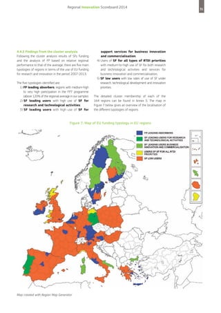 Regional Innovation Scoreboard 2014

4.4.2 Findings from the cluster analysis
Following the cluster analysis results of SFs funding
and the analysis of FP based on relative regional
performance to that of the average, there are five main
typologies of regions in terms of the use of EU funding
for research and innovation in the period 2007-2013.
The five typologies identified are:
1) FP leading absorbers, regions with medium-high
to very high participation in the FP7 programme
(above 120% of the regional average in our sample);
2) SF leading users with high use of SF for
research and technological activities;
3) SF leading users with high use of SF for

support services for business innovation
and commercialisation;
4) Users of SF for all types of RTDI priorities
with medium-to-high use of SF for both research
and technological activities and services for
business innovation and commercialisation;
5) SF low users with low rates of use of SF under
research, technological development and innovation
priorities.
The detailed cluster membership of each of the
164 regions can be found in Annex 5. The map in
Figure 7 below gives an overview of the localisation of
the different typologies of regions.

Figure 7: Map of EU funding typology in EU regions

Map created with Region Map Generator

31

 