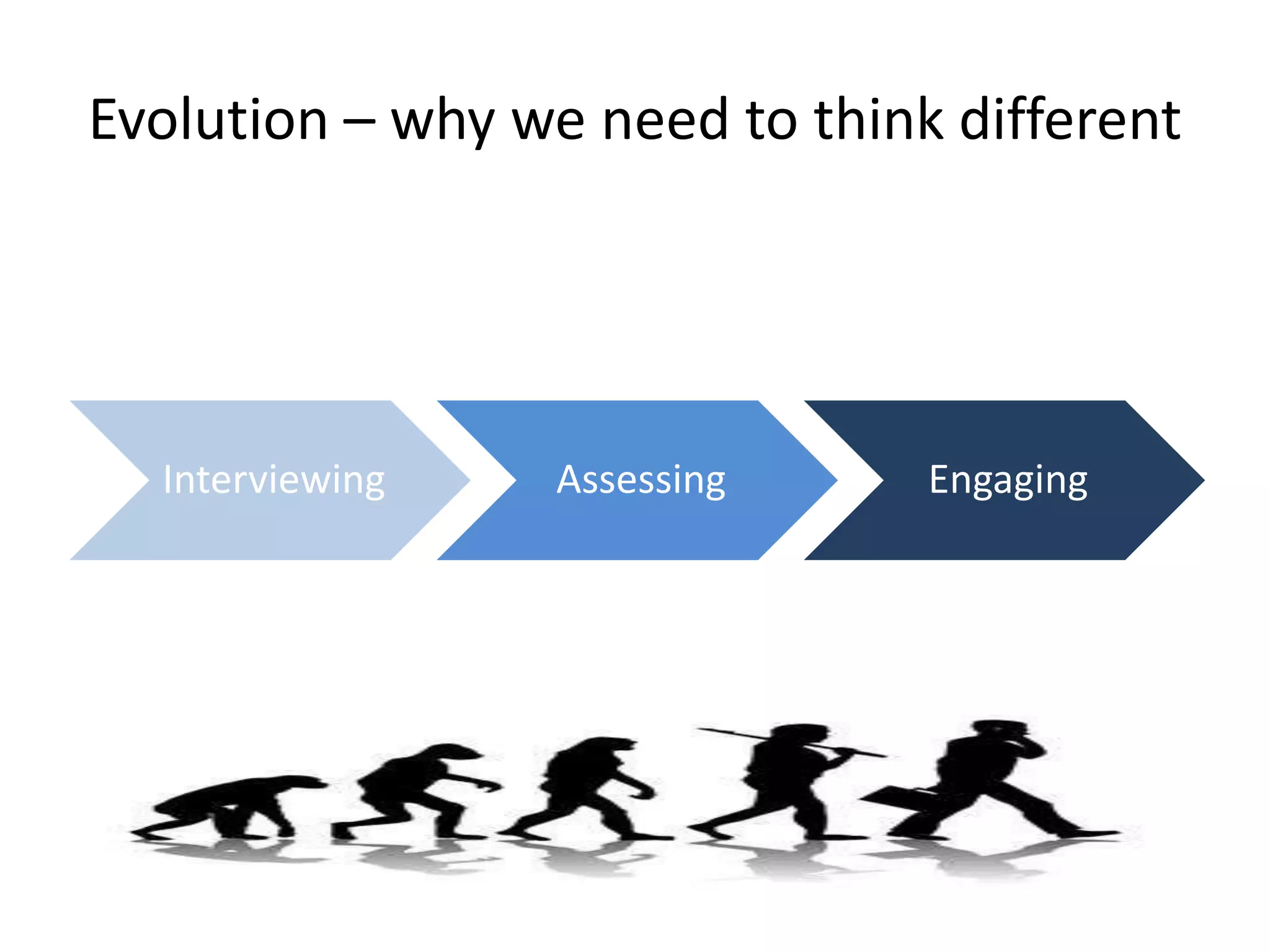 Evolution – why we need to think different




  Interviewing   Assessing      Engaging
 