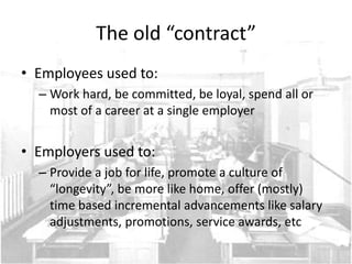 The old “contract”
• Employees used to:
  – Work hard, be committed, be loyal, spend all or
    most of a career at a single employer


• Employers used to:
  – Provide a job for life, promote a culture of
    “longevity”, be more like home, offer (mostly)
    time based incremental advancements like salary
    adjustments, promotions, service awards, etc
 