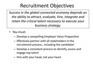 Recruitment Objectives
Success in the global-connected economy depends on
  the ability to attract, evaluate, hire, integrate and
  retain the critical talent necessary to execute your
                    business strategy.
• You must:
   – Develop a compelling Employer Value Proposition
   – Effectively partner with all stakeholders in the
     recruitment process…including the candidate!
   – Develop a consistent process to identify, assess and
     engage top talent
   – Hire with your head, not your heart
 