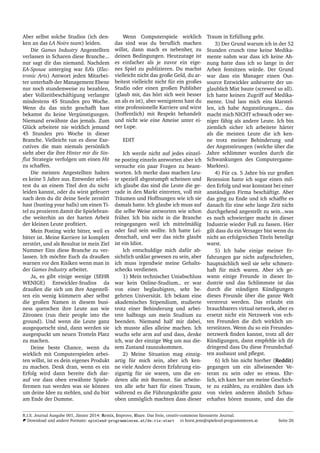 Aber selbst solche Studios (ich den-
ken an das LA Noire team) leiden.
Die Games Industry Angestellten
verlassen in Scharen diese Branche...
nur sagt dir das niemand. Nachdem
EA-Spouse unterging war EA’s (Elec-
tronic Arts) Antwort jeden Mitarbei-
ter unterhalb der Management Ebene
nur noch stundenweise zu bezahlen,
aber Vollzeitbesch¨aftigung verlangte
mindestens 45 Stunden pro Woche.
Wenn du das nicht geschafft hast
bekamst du keine Verg¨unstigungen.
Niemand erw¨ahnte das jemals. Zum
Gl¨uck arbeitete nie wirklich jemand
45 Stunden pro Woche in dieser
Branche. Vielleicht tun es diese Exe-
cutives die man niemals pers¨onlich
sieht aber die ihre Hinter mir die Sin-
ﬂut Strategie verfolgen um einen Hit
zu schaffen.
Die meisten Angestellten halten
es keine 5 Jahre aus. Entweder arbei-
test du an einem Titel den du nicht
leiden kannst, oder du wirst gefeuert
nach dem du dir deine Seele zerst¨ort
hast (busting your balls) um einen Ti-
tel zu prozieren damit die Spielebran-
che weiterhin an der harten Arbeit
der kleinen Leute proﬁtiert.
Mein Posting wirkt bitter, weil es
bitter ist. Meine Karriere ist komplett
zerst¨ort, und als Resultat ist mein Ziel
Nummer Eins diese Branche zu ver-
lassen. Ich m¨ochte Euch da draußen
warnen vor den Risiken wenn man in
der Games Industry arbeitet.
Ja, es gibt einige wenige (SEHR
WENIGE) Entwickler-Studios da
draußen die sich um ihre Angestell-
ten ein wenig k¨ummern aber selbst
die großen Namen in diesem busi-
ness quetschen ihre Leute aus wie
Zitronen (run their people into the
ground). Und wenn die Leute ganz
ausgequetscht sind, dann werden sie
ausgespuckt um neuen Trotteln Platz
zu machen.
Deine beste Chance, wenn du
wirklich mit Computerspielen arbei-
ten willst, ist es dein eigenes Produkt
zu machen. Denk dran, wenn es ein
Erfolg wird dann bereite dich dar-
auf vor dass oben erw¨ahnte Spiele-
ﬁremen tun werden was sie k¨onnen
um deine Idee zu stehlen, und du bist
am Ende der Dumme.
Wenn Computerspiele wirklich
das sind was du beruﬂich machen
willst, dann mach es nebenher, zu
deinen Bedingungen. Heutzutage ist
es einfacher als je zuvor ein eige-
nes Spiel zu publizieren. Du machst
vielleicht nicht das große Geld, du ar-
beitest vielleicht nicht f¨ur ein großes
Studio oder einen großen Publisher
(glaub mir, das h¨ort sich weit besser
an als es ist), aber wenigstens hast du
eine professionelle Karriere und wirst
(hoffentlich) mit Respekt behandelt
und nicht wie eine Ameise unter ei-
ner Lupe.
EDIT
Ich werde nicht auf jedes einzel-
ne posting einzeln antworten aber ich
versuche ein paar Fragen zu beant-
worten. Ich merke dass machen Leu-
te speziell abgestumpft scheinen und
ich glaube das sind die Leute die ge-
rade in den Markt eintreten, voll mit
Tr¨aumen und Hoffnungen wie ich sie
damals hatte. Ich glaube ich muss auf
die selbe Weise antworten wie schon
fr¨uher. Ich bin nicht in die Branche
reingegangen weil ich mittelm¨aßig
oder faul sein wollte. Ich hatte Lei-
denschaft, und wer das nicht glaubt
ist ein Idiot.
Ich entschuldige mich daf¨ur ab-
sichtlich unklar gewesen zu sein, aber
ich muss irgendwie meine Gehalts-
schecks verdienen.
1) Mein technischer Uniabschluss
war kein Online-Studium.. er war
von einer beglaubigten, sehr be-
gehrten Universit¨at. Ich bekam eine
akademisches Stipendium, studierte
trotz einer Behinderung und arbei-
tete halbtags um mein Studium zu
beenden. Niemand half mir dabei,
ich musste alles alleine machen. Ich
wuchs sehr arm auf und dass, denke
ich, war der einzige Weg um aus die-
sem Zustand rauszukommen.
2) Meine Situation mag einzig-
artig f¨ur mich sein, aber ich ken-
ne viele Andere deren Erfahrung ein-
zigartig f¨ur sie waren, uns die en-
deten alle mit Burnout. Sie arbeite-
ten alle sehr hart f¨ur einen Traum,
w¨ahrend es die F¨uhrungskr¨afte ganz
oben unm¨oglich machten dass dieser
Traum in Erf¨ullung geht.
3) Der Grund warum ich in der 52
Stunden crunch time keine Medika-
mente nahm war dass ich keine Ah-
nung hatte dass ich so lange in der
Arbeit festsitzen w¨urde. Der Grund
war dass ein Manager einen Out-
source Entwickler anheuerte der un-
glaublich Mist baute (screwed us all).
Ich hatte keinen Zugriff auf Medika-
mente. Und lass mich eins klarstel-
len, ich habe Angstst¨orungen... das
macht mich NICHT schwach oder we-
niger f¨ahig als andere Leute. Ich bin
ziemlich sicher ich arbeitete h¨arter
als die meisten Leute die ich ken-
ne trotz meiner Behinderung und
der Angstst¨orungen (welche ¨uber die
Jahre schlimmer wurden durch die
Schwankungen des Computergame-
Marktes).
4) F¨ur ca. 5 Jahre bis zur großen
Rezession hatte ich sogar einen mil-
den Erfolg und war konstant bei einer
anst¨andigen Firma besch¨aftigt. Aber
das ging zu Ende und ich schaffte es
danach f¨ur eine sehr lange Zeit nicht
durchgehend angestellt zu sein...was
es noch schwieriger macht in dieser
Industrie wieder Fuß zu fassen. Hier
gilt dass du ein Versager bist wenn du
nicht an erfolgreichen Titeln beteiligt
warst.
5) Ich habe einige meiner Er-
fahrungen gar nicht aufgeschrieben,
haupts¨achlich weil sie sehr schmerz-
haft f¨ur mich waren. Aber ich ge-
wann einige Freunde in dieser In-
dustrie und das Schlimmste ist das
durch die st¨andigen K¨undigungen
dieses Freunde ¨uber die ganze Welt
verstreut werden. Das erlaubt ein
brauchbarers virtual network, aber es
ersetzt nicht ein Netzwerk von ech-
ten Freunden die dich wirklich un-
terst¨utzen. Wenn du so ein Freundes-
netzwerk ﬁnden kannst, trotz all der
K¨undigungen, dann empfehle ich dir
dringend dass Du diese Freundschaf-
ten ausbaust und pﬂegst.
6) Ich bin nicht hierher (Reddit)
gegangen um ein allwissender Ve-
teran zu sein oder so etwas. Ehr-
lich, ich kam her um meine Geschich-
te zu ez¨ahlen, zu erz¨ahlen dass ich
von vielen anderen ¨ahnlich Schau-
erhaftes h¨oren musste, und das die
R.I.S. Journal Ausgabe 001, J¨anner 2014: Remix, Improve, Share. Das freie, creativ-commons lizensierte Journal.
Download und andere Formate: spielend-programmieren.at/de:ris:start horst.jens@spielend-programmieren.at Seite 26
 