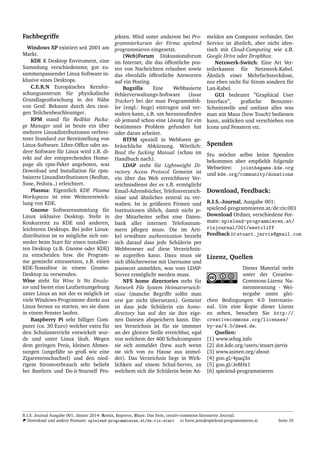 Fachbegriffe
Windows XP existiert seit 2001 am
Markt.
KDE K Desktop Enviroment, eine
Sammlung verschiedenster, gut zu-
sammenpassender Linux Software in-
klusive eines Desktops.
C.E.R.N Europ¨aisches Kernfor-
schungszentrum f¨ur physikalische
Grundlagenforschung in der N¨ahe
von Genf. Bekannt durch den riesi-
gen Teilchenbeschleuniger.
RPM stand f¨ur RedHat Packa-
ge Manager und ist heute ein ¨uber
mehrere Linuxdistributionen verbrei-
teter Standard zur Bereitstellung von
Linux-Software. Libre-Ofﬁce oder an-
dere Software f¨ur Linux wird z.B. di-
rekt auf der entsprechenden Home-
page als rpm-Paket angeboten, was
Download und Installation f¨ur rpm-
baiserte Linuxdistributionen (Redhat,
Suse, Fedora..) erleichtert.
Plasma: Eigentlich KDE Plasma
Workspaces ist eine Weiterentwick-
lung von KDE.
Gnome Softwaresammlung f¨ur
Linux inklusive Desktop. Steht in
Konkurrenz zu KDE und anderen,
leichteren Desktops. Bei jeder Linux-
distribution ist es m¨ogliche sich ent-
weder beim Start f¨ur einen installier-
ten Desktop (z.B. Gnome oder KDE)
zu entscheiden bzw. die Program-
me gemischt einzusetzen, z.B. einen
KDE-Testeditor in einem Gnome-
Desktop zu verwenden.
Wine steht f¨ur Wine Is No Emula-
tor und bietet eine Laufzeitumgebung
unter Linux an mit der es m¨oglich ist
viele Windows-Programme direkt aus
Linux heraus zu starten, wo sie dann
in einem Fenster laufen.
Raspberry Pi sehr billiger Com-
puter (ca. 30 Euro) welcher extra f¨ur
den Schulunterricht entwickelt wur-
de und unter Linux l¨auft. Wegen
dem geringen Preis, kleinen Abmes-
sungen (ungef¨ahr so groß wie eine
Zigarettenschachtel) und den nied-
rigem Stromverbrauch sehr beliebt
bei Bastlern und Do-it-Yourself Pro-
jekten. Wird unter anderem bei Pro-
grammierkursen der Firma spielend
programmieren eingesetzt.
(Web)Forum Diskussionsforum
im Internet, die das ¨offentliche pos-
ten von Nachrichten erlauben sowie
das ebenfalls ¨offentliche Antworten
auf ein Posting.
Bugzilla Eine Webbasierte
Fehlerverwaltungs-Software (Issue
Tracker) bei der man Programmfeh-
ler (engl.: bugs) eintragen und ver-
walten kann, z.B. um herauszuﬁnden
ob jemand schon eine L¨osung f¨ur ein
bestimmtes Problem gefunden hat
oder daran arbeitet.
RTFM speziell in Webforen ge-
br¨auchliche Abk¨urzung. W¨ortlich:
Read the fucking Manual (schau im
Handbuch nach).
LDAP steht f¨ur Lightweight Di-
rectory Access Protocol Gemeint ist
ein ¨uber das Web erreichbarer Ver-
zeichnisdienst der es z.B. erm¨oglicht
Email-Adressb¨ucher, Telefonverzeich-
nisse und ¨ahnliches zentral zu ver-
walten. Ist in gr¨oßeren Firmen und
Institutionen ¨ublich, damit nicht je-
der Mitarbeiter selbst eine Daten-
bank aller internen Telefonnum-
mern pﬂegen muss. Die im Arti-
kel erw¨ahnte authentication bezieht
sich darauf dass jede Sch¨ulerin per
Webbrowser auf diese Verzeichnis-
se zugreifen kann. Dazu muss sie
sich ¨ublicherweise mit Username und
passwort anmelden, was vom LDAP-
Server erm¨oglicht werden muss.
NFS home directories steht f¨ur
Network File System Heimatverzeich-
nisse (manche Begriffe sollte man
erst gar nicht ¨ubersetzen). Gemeint
ist dass jede Sch¨ulerin ein home-
directory hat auf der sie ihre eige-
nen Dateien abspeichern kann. Die-
ses Verzeichnis ist f¨ur sie immmer
an der gleicen Stelle erreichbar, egal
von welchem der 400 Schulcomputer
sie sich anmeldet (bzw. auch wenn
sie sich von zu Hause aus anmel-
det). Das Verzeichnis liegt in Wirk-
lichkeit auf einem Schul-Server, zu
welchem sich die Sch¨ulerin beim An-
melden am Computer verbindet. Der
Service ist ¨ahnlich, aber nicht iden-
tisch mit Cloud-Computing wie z.B.
Google Drive oder Dropbbox.
Netzwerk-Switch: Eine Art Ver-
teilerkasten f¨ur Netzwerk-Kabel.
¨Ahnlich einer Mehrfachsteckdose,
nur eben nicht f¨ur Strom sondern f¨ur
Lan-Kabel.
GUI bedeutet ”Graphical User
Interface”, graﬁsche Benuzter-
Schnittstelle und umfasst alles was
man mit Maus (bzw Touch) bedienen
kann, anklicken und verschieben von
Icons und Fenstern etc.
Spenden
Stu m¨ochte selbst keine Spenden
bekommen aber empﬁehlt folgende
Webseiten: jointhegame.kde.org
und kde.org/community/donations
Download, Feedback:
R.I.S.-Journal, Ausgabe 001:
spielend-programmieren.at/de:ris:001
Download Ordner, verschiedene For-
mate: spielend-programmieren.at/
risjournal/001/westcliff
Feedback stuart.jarvis@gmail.com
Lizenz, Quellen
Dieses Material steht
unter der Creative-
Commons-Lizenz Na-
mensnennung - Wei-
tergabe unter glei-
chen Bedingungen 4.0 Internatio-
nal. Um eine Kopie dieser Lizenz
zu sehen, besuchen Sie http://
creativecommons.org/licenses/
by-sa/4.0/deed.de.
Quellen:
[1] www.whsg.info
[2] dot.kde.org/users/stuart-jarvis
[3] www.asinen.org/about
[4] goo.gl/4paq3n
[5] goo.gl/Je8Hx1
[6] spielend-programmieren
R.I.S. Journal Ausgabe 001, J¨anner 2014: Remix, Improve, Share. Das freie, creativ-commons lizensierte Journal.
Download und andere Formate: spielend-programmieren.at/de:ris:start horst.jens@spielend-programmieren.at Seite 35
 