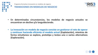 • En determinadas circunstancias, los modelos de negocio actuales se
encuentran en declive y/o languideciendo.
• La innovación en modelo de negocio consiste en gestionar el reto de operar
y continuar haciendo eficiente el modelo actual (Explotación), mientras de
forma simultanea se explora, prototipa y testea uno o varios alternativos
(Exploración).
Programa formativo Innovación en modelos de negocio
TRANSICIONES EN MODELOS DE NEGOCIO
 