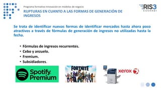 Se trata de identificar nuevas formas de identificar mercados hasta ahora poco
atractivos a través de fórmulas de generación de ingresos no utilizadas hasta la
fecha.
• Fórmulas de ingresos recurrentes.
• Cebo y anzuelo.
• Fremium.
• Subsidiadores.
Programa formativo Innovación en modelos de negocio
RUPTURAS EN CUANTO A LAS FORMAS DE GENERACIÓN DE
INGRESOS
 