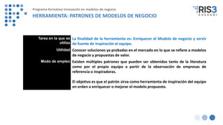 Tarea en la que se
utiliza
La finalidad de la herramienta es: Enriquecer el Modelo de negocio y servir
de fuente de inspiración al equipo.
Utilidad Conocer soluciones ya probadas en el mercado en lo que se refiere a modelos
de negocio y propuestas de valor.
Modo de empleo Existen múltiples patrones que pueden ser obtenidos tanto de la literatura
como por el propio equipo a partir de la observación de empresas de
referencia o inspiradoras.
El objetivo es que el patrón sirva como herramienta de inspiración del equipo
en orden a enriquecer o mejorar el modelo propuesto.
Programa formativo Innovación en modelos de negocio
HERRAMIENTA: PATRONES DE MODELOS DE NEGOCIO
 