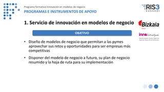 1. Servicio de innovación en modelos de negocio
• Diseño de modelos de negocio que permitan a las pymes
aprovechar sus retos y oportunidades para ser empresas más
competitivas
• Disponer del modelo de negocio a futuro, su plan de negocio
resumido y la hoja de ruta para su implementación
OBJETIVO
Programa formativo Innovación en modelos de negocio
PROGRAMAS E INSTRUMENTOS DE APOYO
 