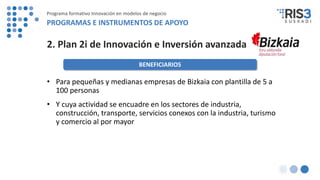 2. Plan 2i de Innovación e Inversión avanzada
• Para pequeñas y medianas empresas de Bizkaia con plantilla de 5 a
100 personas
• Y cuya actividad se encuadre en los sectores de industria,
construcción, transporte, servicios conexos con la industria, turismo
y comercio al por mayor
BENEFICIARIOS
Programa formativo Innovación en modelos de negocio
PROGRAMAS E INSTRUMENTOS DE APOYO
 