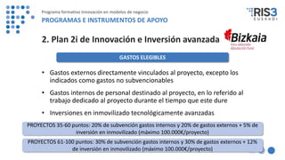 GASTOS ELEGIBLES
2. Plan 2i de Innovación e Inversión avanzada
• Gastos externos directamente vinculados al proyecto, excepto los
indicados como gastos no subvencionables
• Gastos internos de personal destinado al proyecto, en lo referido al
trabajo dedicado al proyecto durante el tiempo que este dure
• Inversiones en inmovilizado tecnológicamente avanzadas
PROYECTOS 35-60 puntos: 20% de subvención gastos internos y 20% de gastos externos + 5% de
inversión en inmovilizado (máximo 100.000€/proyecto)
PROYECTOS 61-100 puntos: 30% de subvención gastos internos y 30% de gastos externos + 12%
de inversión en inmovilizado (máximo 100.000€/proyecto)
Programa formativo Innovación en modelos de negocio
PROGRAMAS E INSTRUMENTOS DE APOYO
 