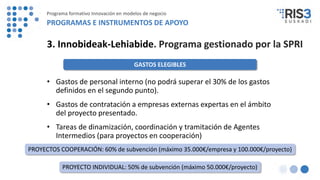 • Gastos de personal interno (no podrá superar el 30% de los gastos
definidos en el segundo punto).
• Gastos de contratación a empresas externas expertas en el ámbito
del proyecto presentado.
• Tareas de dinamización, coordinación y tramitación de Agentes
Intermedios (para proyectos en cooperación)
PROYECTO INDIVIDUAL: 50% de subvención (máximo 50.000€/proyecto)
PROYECTOS COOPERACIÓN: 60% de subvención (máximo 35.000€/empresa y 100.000€/proyecto)
3. Innobideak-Lehiabide. Programa gestionado por la SPRI
GASTOS ELEGIBLES
Programa formativo Innovación en modelos de negocio
PROGRAMAS E INSTRUMENTOS DE APOYO
 