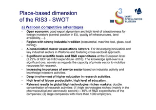 Place-based dimension
of the RIS3 - SWOT
a) Walloon competitive advantages
- Open economy: good export dynamism and high level of attractiveness for
foreign investors (central position in EU, quality of infrastructures, land
availability,…).
- Region with strong industrial tradition (steel/metal, machine-tool, glass, coal
mining).
- A consolidated cluster associations network. For developing innovation and
key industrial sectors in Wallonia and fostering cross-sectoral approach.
- Significant scientific basis and R&D expenditures at the European level- Significant scientific basis and R&D expenditures at the European level
(2.22% of GDP as R&D expenditure -2010). The knowledge spill-over is a
significant one, namely as regards the capacity of private sector to mobilize
resources for research.
- Increasing importance of service sector based on industrial activity and
knowledge intensive activities.
- Deep involvement of higher education in research activities.
- High level of labour productivity, high level of education.
- Relevant results in global high technologies niches markets: double
concentration of research activities: (1) high technologies niches (mainly in the
pharmaceutical and aeronautic sectors) – 40% of R&D expenditures of the
companies; (2) large companies with more than 1000 employers.
 