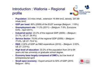 Introduction : Wallonia – Regional
profile
- Population: 3,5 mios inhab., extension 16 844 km2, density: 207,69
inhab./km2.
- GDP per head: 86% (2009) of the EU27 average (Belgium : 118%).
- Unemployment rate: 11.2% (2011) – (Belgium: 7.6%, Eurozone:
9.9% - April 2011).
- Industrial sector: 23.3% of the regional GDP (2009) – (Belgium :
21.7%, UE 27: 24.4%).21.7%, UE 27: 24.4%).
- Service Sector: 75.8% of the regional GDP (2009) – (Belgium:
77.6%, UE 27: 73.6 %).
- R&D: 2.22% of GDP as R&D expenditure (2010) – (Belgium: 2.03%,
UE 27: 2.01%).
- High level of education: 30.2% of the population from 24 to 64
years old has university or graduate school degree.
- Economy base largely composed of SME’s, but low level of
entrepreneurial spirit
- Small open economy : Export amount to 50% of GDP (2010,
Belgium : 59%)
 