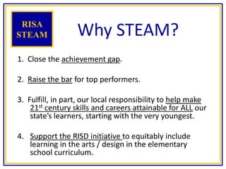 Why STEAM?
1. Close the achievement gap.
2. Raise the bar for top performers.
3. Fulfill, in part, our local responsibility to help make
21st century skills and careers attainable for ALL our
state’s learners, starting with the very youngest.
4. Support the RISD initiative to equitably include
learning in the arts / design in the elementary
school curriculum.
RISA
STEAM
 