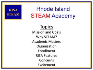 RISA
STEAM
Rhode Island
STEAM Academy
Topics
Mission and Goals
Why STEAM?
Academic Matters
Organization
Enrollment
RISA Features
Concerns
Excitement
 