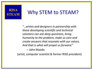 Why STEM to STEAM?
“…artists and designers in partnership with
those developing scientific and technical
solutions can ask deep questions, bring
humanity to the problem, make us care and
create answers that resonate with our values.
And that is what will propel us forward.”
-- John Maeda
(artist, computer scientist & former RISD president)
RISA
STEAM
 