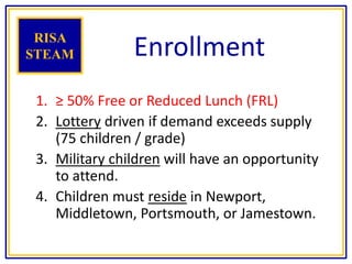 Enrollment
1. ≥ 50% Free or Reduced Lunch (FRL)
2. Lottery driven if demand exceeds supply
(75 children / grade)
3. Military children will have an opportunity
to attend.
4. Children must reside in Newport,
Middletown, Portsmouth, or Jamestown.
RISA
STEAM
 