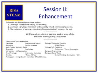 Session II:
Enhancement
Philosophically, RISA embraces three notions:
1. Learning is a self evident activity, like breathing.
2. Learning is a privilege, intrinsically and inherently valued, omnnipresent, and fun.
3. The excitement of learning a robust set of topics instinctively enhances the soul.
--------------------
All RISA students attend at least one week of on or off site
enhanced learning during the summer.
--------------------
Enhancement Topics May Include:
Etymology Environmental Science Cultures / Customs of Countries
Astronomy Foreign Language STEAM Camps
Math Puzzles Numeracy Topics History of U.S. Presidents
Geography Psychology Environment / Energy Conservation
Life Sciences Art Appreciation Computer Programming
RI Art / Heritage Information Technology Computer Game Theory
Robotics Theory of Chess Competitive Lego Construction / Cities
Photography Foreign Country Internships STEAM Olympics
RISA
STEAM
 