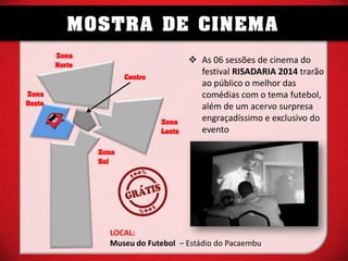 MOSTRA DE CINEMA
Zona
Norte
Centro
Zona
Oeste

Zona
Leste

 As 06 sessões de cinema do
festival RISADARIA 2014 trarão
ao público o melhor das
comédias com o tema futebol,
além de um acervo surpresa
engraçadíssimo e exclusivo do
evento

Zona
Sul

´
LOCAL:
Museu do Futebol – Estádio do Pacaembu

 