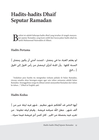 Hadits-hadits Dhaif Seputar Ramadan  55
Hadits-hadits Dhaif
Seputar Ramadan
B
erikut ini adalah beberapa hadits dhaif yang tersebar di tengah masyara-
kat seputar Ramadan, yang kami ambil dari karya pakar hadits abad ini,
Syekh Muhammad Nasiruddin al-Albani.
Hadits Pertama
{ ‫رمضان‬ ‫يكون‬ ‫أن‬ ‫أمتي‬ ‫لتمنت‬ ‫؛‬ ‫رمضان‬ ‫في‬ ‫ما‬ ‫العباد‬ ‫يعلم‬ ‫لو‬
‫احلول‬ ‫إلى‬ ‫احلول‬ ‫رأس‬ ‫من‬ ‫لرمضان‬ ‫ن‬َّ‫ي‬َ‫ز‬‫َت‬‫ل‬ ‫اجلنة‬ ‫وأن‬ ، ‫كلها‬ ‫السنة‬
‫...الخ‬ }
“Andaikan para hamba itu mengetahui (rahasia pahala) di bulan Ramadan,
niscaya umatku akan berangan-angan agar satu tahun semuanya adalah bulan
Ramadan. Sesungguhnya surga itu dihiasi untuk menyambut Ramadan dari tahun
ke tahun....” (Dhaif at-Targhib, 596)
Hadits Kedua
{ ‫من‬ ‫خير‬ ‫ليلة‬ ‫فيه‬ ‫شهر‬ ، ‫عظيم‬ ‫شهر‬ ‫أظلكم‬ ‫قد‬ ‫الناس‬ ‫أيها‬
‫من‬ ، ‫تطوعا‬ ‫ليله‬ ‫وقيام‬ ، ‫فريضة‬ ‫صيامه‬ ‫اهلل‬ ‫جعل‬ ، ‫شهر‬ ‫ألف‬
. ‫سواه‬ ‫فيما‬ ‫فريضة‬ ‫أدى‬ ‫كمن‬ ‫كان‬ ، ‫اخلير‬ ‫من‬ ‫بخصلة‬ ‫فيه‬ ‫تقرب‬
 