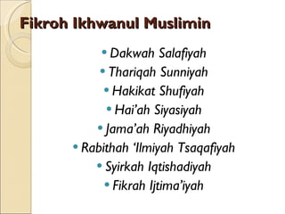 Fikroh Ikhwanul Muslimin Dakwah Salafiyah Thariqah Sunniyah Hakikat Shufiyah Hai’ah Siyasiyah Jama’ah Riyadhiyah Rabithah ‘Ilmiyah Tsaqafiyah Syirkah Iqtishadiyah Fikrah Ijtima’iyah 