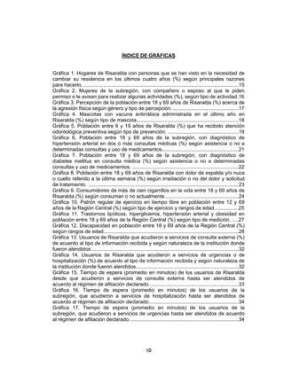  
  10
ÍNDICE DE GRÁFICAS
Gráfica 1. Hogares de Risaralda con personas que se han visto en la necesidad de
cambiar su residencia en los últimos cuatro años (%) según principales razones
para hacerlo. .............................................................................................................15
Gráfica 2. Mujeres de la subregión, con compañero o esposo al que le piden
permiso o le avisan para realizar algunas actividades (%), según tipo de actividad.16
Gráfica 3. Percepción de la población entre 18 y 69 años de Risaralda (%) acerca de
la agresión física según género y tipo de percepción. ..............................................17
Gráfica 4. Mascotas con vacuna antirrábica administrada en el último año en
Risaralda (%) según tipo de mascota........................................................................18
Gráfica 5. Población entre 6 y 19 años de Risaralda (%) que ha recibido atención
odontológica preventiva según tipo de prevención. ..................................................19
Gráfica 6. Población entre 18 y 69 años de la subregión, con diagnóstico de
hipertensión arterial en dos ó más consultas médicas (%) según asistencia o no a
determinadas consultas y uso de medicamentos......................................................21
Gráfica 7. Población entre 18 y 69 años de la subregión, con diagnóstico de
diabetes mellitus en consulta médica (%) según asistencia o no a determinadas
consultas y uso de medicamentos. ...........................................................................22
Gráfica 8. Población entre 18 y 69 años de Risaralda con dolor de espalda y/o nuca
o cuello referido a la última semana (%) según irradiación o no del dolor y solicitud
de tratamiento. ..........................................................................................................23
Gráfica 9. Consumidores de más de cien cigarrillos en la vida entre 18 y 69 años de
Risaralda (%) según consuman o no actualmente....................................................24
Gráfica 10. Patrón regular de ejercicio en tiempo libre en población entre 12 y 69
años de la Región Central (%) según tipo de ejercicio y rangos de edad.................25
Gráfica 11. Trastornos lipídicos, hiperglicemia, hipertensión arterial y obesidad en
población entre 18 y 69 años de la Región Central (%) según tipo de medición......27
Gráfica 12. Discapacidad en población entre 18 y 69 años de la Región Central (%)
según rangos de edad...............................................................................................28
Gráfica 13. Usuarios de Risaralda que acudieron a servicios de consulta externa (%)
de acuerdo al tipo de información recibida y según naturaleza de la institución donde
fueron atendidos........................................................................................................32
Gráfica 14. Usuarios de Risaralda que acudieron a servicios de urgencias o de
hospitalización (%) de acuerdo al tipo de información recibida y según naturaleza de
la institución donde fueron atendidos........................................................................32
Gráfica 15. Tiempo de espera (promedio en minutos) de los usuarios de Risaralda
desde que acudieron a servicios de consulta externa hasta ser atendidos de
acuerdo al régimen de afiliación declarado...............................................................33
Gráfica 16. Tiempo de espera (promedio en minutos) de los usuarios de la
subregión, que acudieron a servicios de hospitalización hasta ser atendidos de
acuerdo al régimen de afiliación declarado...............................................................34
Gráfica 17. Tiempo de espera (promedio en minutos) de los usuarios de la
subregión, que acudieron a servicios de urgencias hasta ser atendidos de acuerdo
al régimen de afiliación declarado.............................................................................34
 