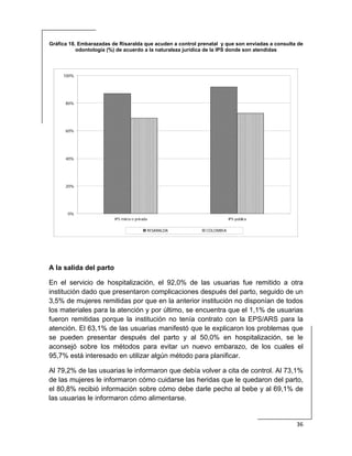  
36 
 
Gráfica 18. Embarazadas de Risaralda que acuden a control prenatal y que son enviadas a consulta de
odontología (%) de acuerdo a la naturaleza jurídica de la IPS donde son atendidas
 
0%
20%
40%
60%
80%
100%
IPS mixta o privada IPS pública
RISARALDA COLOMBIA
A la salida del parto
En el servicio de hospitalización, el 92,0% de las usuarias fue remitido a otra
institución dado que presentaron complicaciones después del parto, seguido de un
3,5% de mujeres remitidas por que en la anterior institución no disponían de todos
los materiales para la atención y por último, se encuentra que el 1,1% de usuarias
fueron remitidas porque la institución no tenía contrato con la EPS/ARS para la
atención. El 63,1% de las usuarias manifestó que le explicaron los problemas que
se pueden presentar después del parto y al 50,0% en hospitalización, se le
aconsejó sobre los métodos para evitar un nuevo embarazo, de los cuales el
95,7% está interesado en utilizar algún método para planificar.
Al 79,2% de las usuarias le informaron que debía volver a cita de control. Al 73,1%
de las mujeres le informaron cómo cuidarse las heridas que le quedaron del parto,
el 80,8% recibió información sobre cómo debe darle pecho al bebe y al 69,1% de
las usuarias le informaron cómo alimentarse.
 
