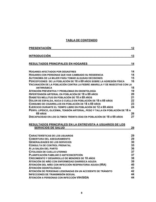  
  8
TABLA DE CONTENIDO
PRESENTACIÓN 12
INTRODUCCIÓN 13
RESULTADOS PRINCIPALES EN HOGARES 14
HOGARES AFECTADOS POR DESASTRES 14
HOGARES CON PERSONAS QUE HAN CAMBIADO SU RESIDENCIA 14
AUTONOMÍA DE LA MUJER PARA TOMAR ALGUNAS DECISIONES 15
PERCEPCIONES DE LA POBLACIÓN DE 18 A 69 AÑOS SOBRE LA AGRESIÓN FÍSICA 16
VACUNACIÓN DE LA POBLACIÓN CONTRA LA FIEBRE AMARILLA Y DE MASCOTAS CON LA
ANTIRRÁBICA 18
ATENCIÓN PREVENTIVA Y PROBLEMAS EN ODONTOLOGÍA 19
HIPERTENSIÓN ARTERIAL EN POBLACIÓN DE 18 A 69 AÑOS 20
DIABETES MELLITUS EN POBLACIÓN DE 18 A 69 AÑOS 21
DOLOR DE ESPALDA, NUCA O CUELLO EN POBLACIÓN DE 18 A 69 AÑOS 22
CONSUMO DE CIGARRILLOS EN POBLACIÓN DE 18 A 69 AÑOS 23
EJERCICIO DURANTE EL TIEMPO LIBRE EN POBLACIÓN DE 12 A 69 AÑOS 24
PERFIL LIPÍDICO, GLICEMIA, TENSIÓN ARTERIAL, PESO Y TALLA EN POBLACIÓN DE 18 A
69 AÑOS 26
DISCAPACIDAD EN LOS ÚLTIMOS TREINTA DÍAS EN POBLACIÓN DE 18 A 69 AÑOS 27
RESULTADOS PRINCIPALES EN LA ENTREVISTA A USUARIOS DE LOS
SERVICIOS DE SALUD 29
CARACTERÍSTICAS DE LOS USUARIOS 29
COBERTURA DEL ASEGURAMIENTO 29
GENERALIDADES DE LOS SERVICIOS 30
CONSULTA DE CONTROL PRENATAL 35
A LA SALIDA DEL PARTO 36
CITOLOGÍA DE CUELLO UTERINO 37
PLANIFICACIÓN FAMILIAR O ANTICONCEPCIÓN 37
CRECIMIENTO Y DESARROLLO DE MENORES DE 10 AÑOS 38
ATENCIÓN DE NIÑO CON ENFERMEDAD DIARREICA AGUDA 39
ATENCIÓN DEL NIÑO CON INFECCIÓN RESPIRATORIA AGUDA (IRA) 40
ATENCIÓN ODONTOLÓGICA 41
ATENCIÓN DE PERSONAS LESIONADAS EN UN ACCIDENTE DE TRÁNSITO 42
INFECCIONES DE TRANSMISIÓN SEXUAL 44
ATENCIÓN A PERSONAS CON INFECCIÓN VIH/SIDA 44
 