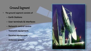 Ground Segment
• The ground segment consists of
– Earth Stations
– User terminals & interfaces
– Network control centre
– Transmit equipment.
– Receive equipment.
– Antenna system.
 