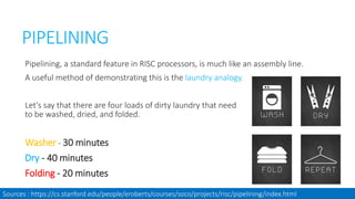 PIPELINING
Pipelining, a standard feature in RISC processors, is much like an assembly line.
A useful method of demonstrating this is the laundry analogy.
Let's say that there are four loads of dirty laundry that need
to be washed, dried, and folded.
Washer - 30 minutes
Dry - 40 minutes
Folding - 20 minutes
Sources : https://cs.stanford.edu/people/eroberts/courses/soco/projects/risc/pipelining/index.html
 