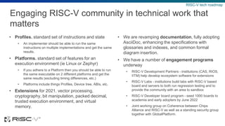 Engaging RISC-V community in technical work that
matters
• Profiles. standard set of instructions and state
• An implementer should be able to run the same
instructions on multiple implementations and get the same
results.
• Platforms. standard set of features for an
execution environment (ie Linux or Zephyr)
• If you adhere to a Platform then you should be able to run
the same executable on 2 different platforms and get the
same results (excluding timing differences, etc.)
• Platforms include things Profiles, Device tree, ABIs, etc.
• Extensions for 2021. vector processing,
cryptography, bit manipulation, packed decimal,
trusted execution environment, and virtual
memory.
• We are revamping documentation, fully adopting
AsciiDoc, enhancing the specifications with
glossaries and indexes, and common formal
diagram insertion.
• We have a number of engagement programs
underway
• RISC-V Development Partners - institutions (CAS, RIOS,
IITM) help develop ecosystem software for extensions
• RISC-V Labs - institutions build labs with RISC-V based
board and servers to both run regression testing and to
provide the community with an area to sandbox
• RISC-V Developer board program - seed 1000 boards to
academia and early adopters by June 2022
• Joint working group on Coherence between Chips
Alliance and RISC-V as well as a standing security group
together with GlobalPlatform.
RISC-V tech roadmap
 