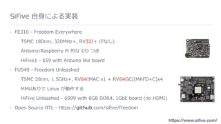 SiFive ⾃⾝による実装
• FE310 - Freedom Everywhere
TSMC 180nm, 320MHz+, RV32I+ (Fなし)
Arduino/Raspberry Pi 的な I/O つき
HiFive1 - $59 with Arduino like board
• FU540 - Freedom Unleashed
TSMC 28nm, 1.5GHz+, RV64IMAC x1 + RV64GC(IMAFD+C)x4
MMUありで Linux が動作する
HiFive Unleashed - $999 with 8GB DDR4, 1GbE board (no HDMI)
• Open Source RTL - https://github.com/siﬁve/freedom
https://www.siﬁve.com/
 
