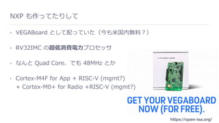 NXP も作ってたりして
• VEGABoard として配っていた（今も⽶国内無料？）
• RV32IMC の超低消費電⼒プロセッサ
• なんと Quad Core、でも 48MHz とか
• Cortex-M4F for App + RISC-V (mgmt?) 
+ Cortex-M0+ for Radio +RISC-V (mgmt?)
https://open-isa.org/
 
